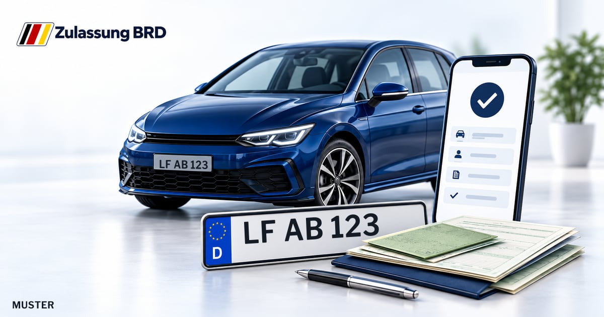 Online Fahrzeugzulassung in Landkreis Altötting: Musterkennzeichen LF AB 123, Auto und Fahrzeugpapiere und Smartphone. Illustration mit Logo von Zulassung BRD.
